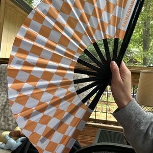 Orange and White Checkered Hand Fan